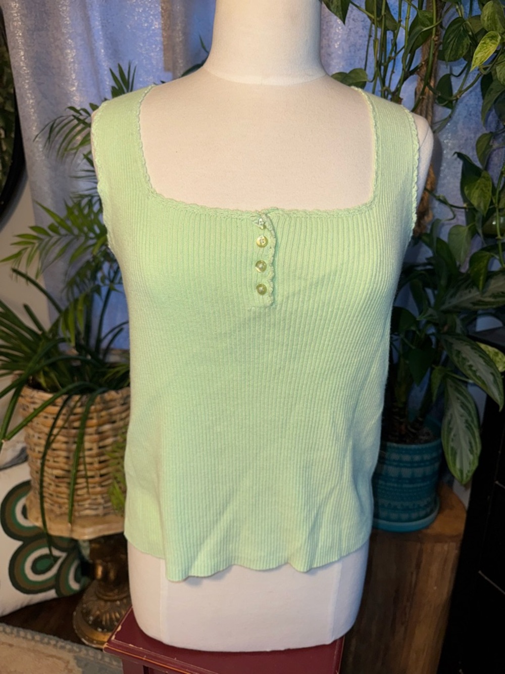 Basic Editions Light Green Ribbed Tank with Front Buttons